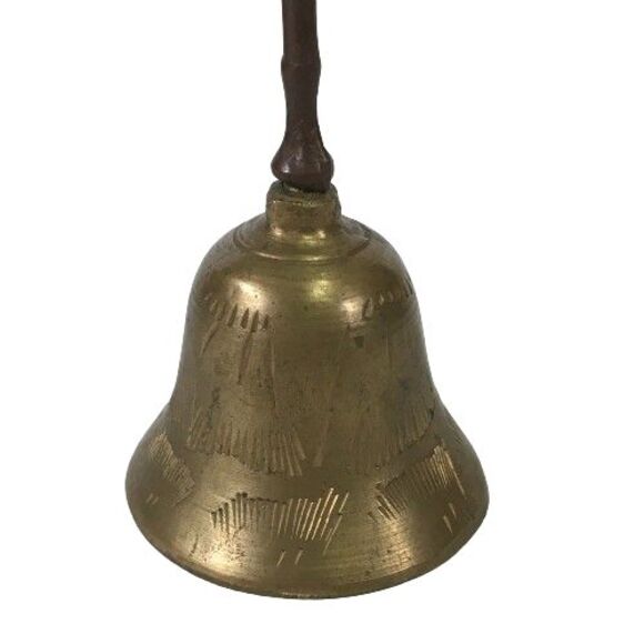 Vintage Hand Bell Solid Brass Etched Carved Long Handle 5.75" Made in India - Picture 1 of 8